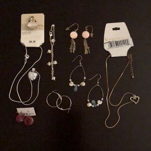 A bundle of great fashion earrings, necklaces and one lapel pin.